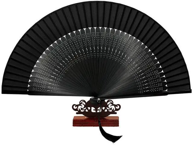 Main image of Bamboo Hand Fan Foldable 8.3 Inch, Portable Folding Fan with Pouch for Church Wedding Makeup, Small Decorative Cooling Fan for Women (Black/Hollow)