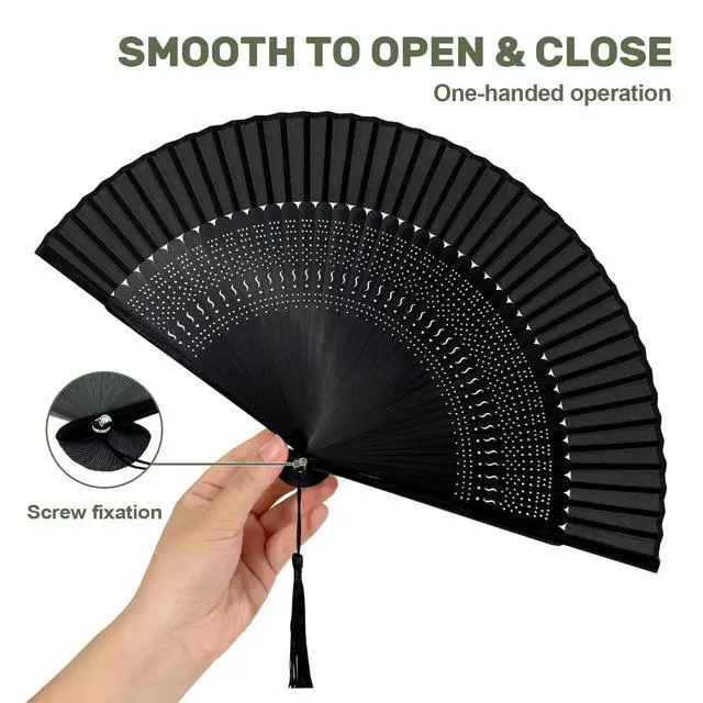 Alt view image 5 of 7 - Bamboo Hand Fan Foldable 8.3 Inch, Portable Folding Fan with Pouch for Church Wedding Makeup, Small Decorative Cooling Fan for Women (Black/Hollow)