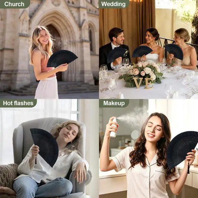 Alt view image 3 of 7 - Bamboo Hand Fan Foldable 8.3 Inch, Portable Folding Fan with Pouch for Church Wedding Makeup, Small Decorative Cooling Fan for Women (Black/Hollow)