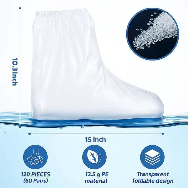 Alt view image 2 of 7 - 60 Pairs Disposable Shoe Covers for Rain, Clear Waterproof Boot Covers Non-slip Thick PE Plastic Shoe Boot Protectors Cover for Rain Outdoor Indoor Farm Travel Men Women, Medium 10.3 Inch