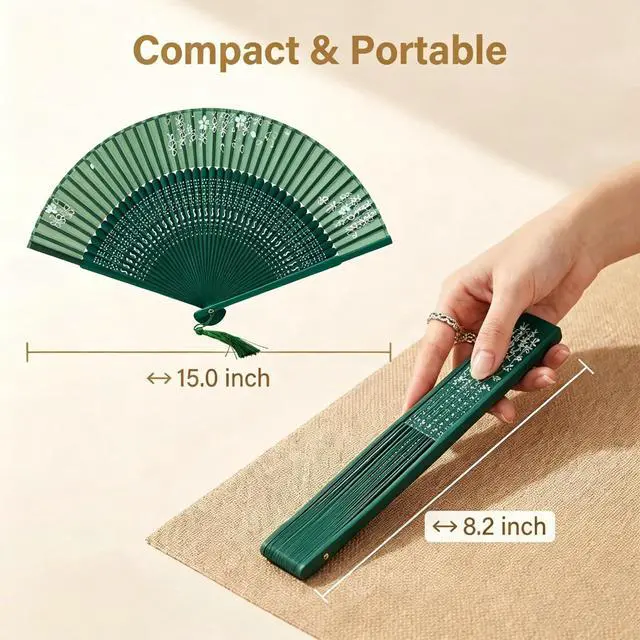 Alt view image 2 of 7 - Hand Held Fan for Women Japanese Vintage Bamboo Silk Elegant for Dance Music Festival Wedding Church Decoration Party (Green)