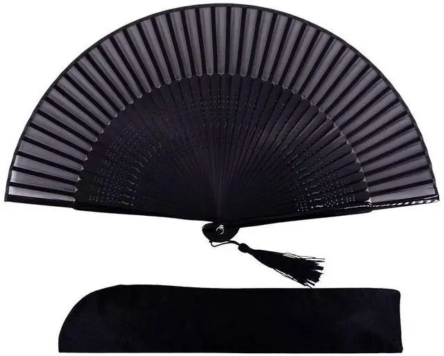 Main image of 8.27" (21cm) Hand Held Bamboo Silk Folding Fan, Chinese/Japanese Charming Elegant Vintage Retro Style, Women Ladies Girls for Birthday, Wedding, Party, Black-2