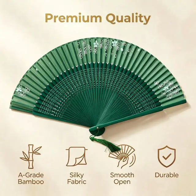 Alt view image 4 of 7 - Hand Held Fan for Women Japanese Vintage Bamboo Silk Elegant for Dance Music Festival Wedding Church Decoration Party (Green)