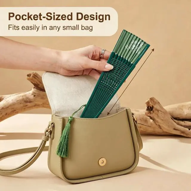 Alt view image 5 of 7 - Hand Held Fan for Women Japanese Vintage Bamboo Silk Elegant for Dance Music Festival Wedding Church Decoration Party (Green)
