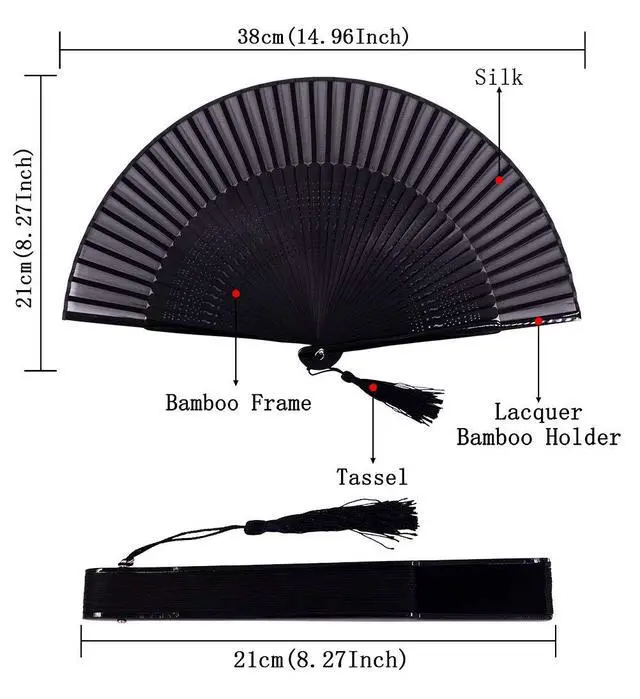 Alt view image 2 of 6 - 8.27" (21cm) Hand Held Bamboo Silk Folding Fan, Chinese/Japanese Charming Elegant Vintage Retro Style, Women Ladies Girls for Birthday, Wedding, Party, Black-2