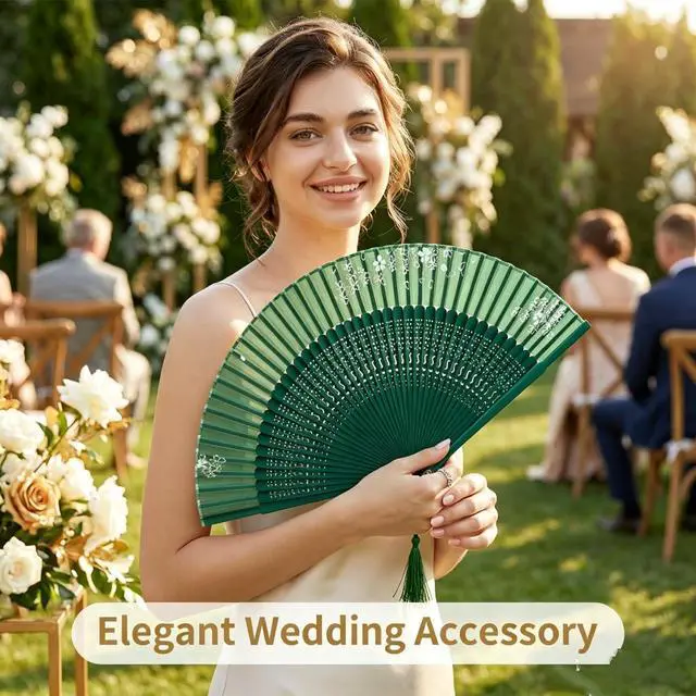 Alt view image 7 of 7 - Hand Held Fan for Women Japanese Vintage Bamboo Silk Elegant for Dance Music Festival Wedding Church Decoration Party (Green)
