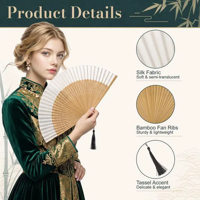 Alt view image 4 of 6 - Folding Hand Fan for Women, Foldable Chinese Japanese Vintage Bamboo Silk Handheld Fan for Dance Music Festival Wedding Church Decoration (Brown)