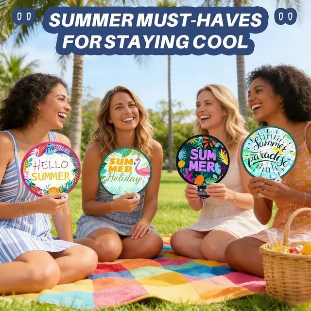 Alt view image 2 of 7 - 6 PCS Foldable Hand Fans with Matching Pouches, Tropical Summer Round Folding Handheld Fan with Handle, Mini Pocket Fabric Fan Cooling Essentials for Women Travel, Beach, Party Favors (Style 4)