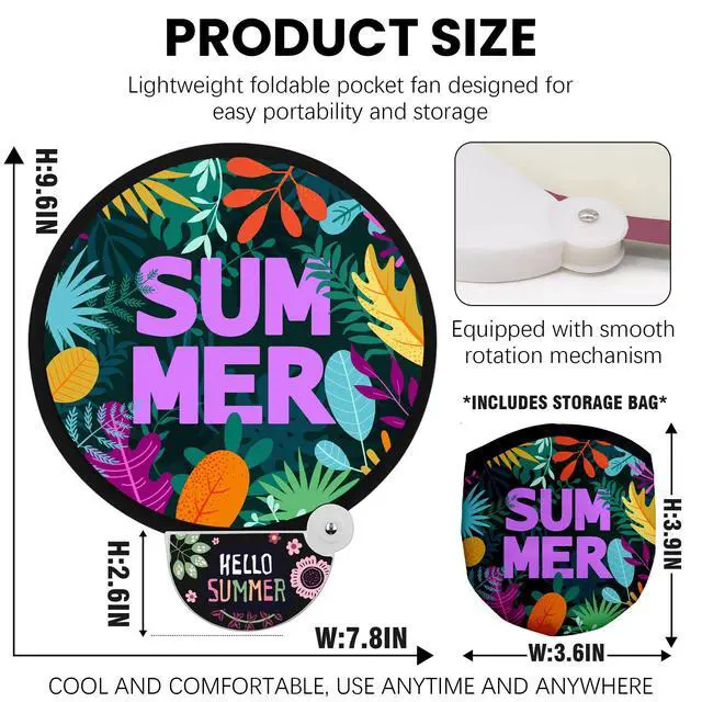Alt view image 3 of 7 - 6 PCS Foldable Hand Fans with Matching Pouches, Tropical Summer Round Folding Handheld Fan with Handle, Mini Pocket Fabric Fan Cooling Essentials for Women Travel, Beach, Party Favors (Style 4)