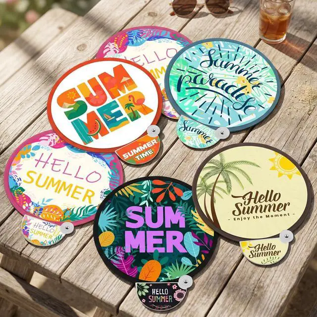 Alt view image 7 of 7 - 6 PCS Foldable Hand Fans with Matching Pouches, Tropical Summer Round Folding Handheld Fan with Handle, Mini Pocket Fabric Fan Cooling Essentials for Women Travel, Beach, Party Favors (Style 4)