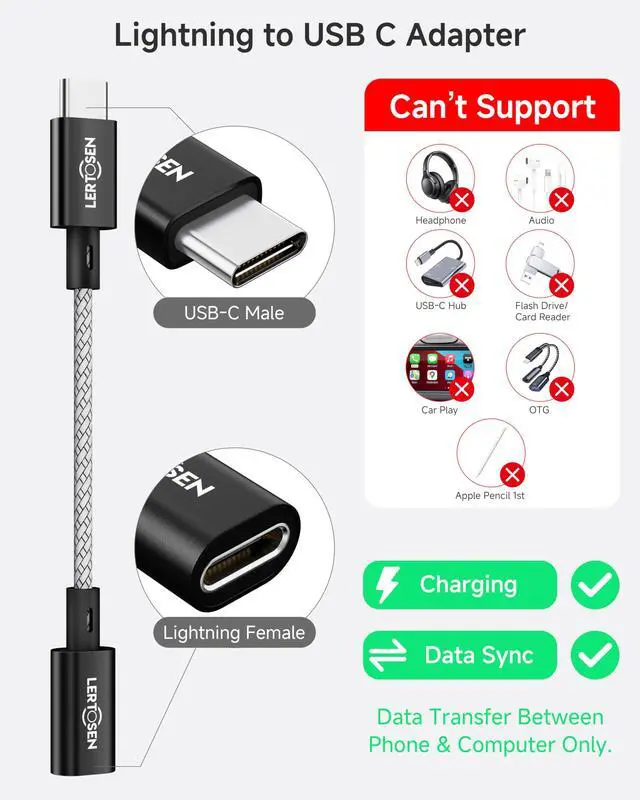 Alt view image 5 of 7 - 2 Pack Lightning to USB C Adapter, Fast Charging & Data Sync Adapter for iPhone 17 16 15 Pro Max Plus to USB-C, Compatible with Samsung S25/S24/S23, Not for Audio/OTG (Black)