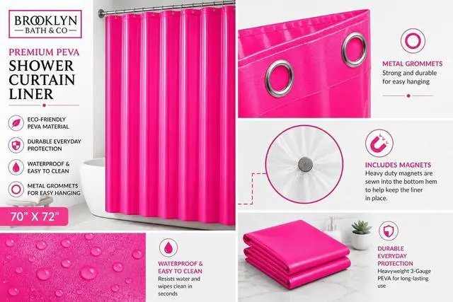 Alt view image 2 of 5 - 3 Gauge Shower Curtain Liner 70 x 72 Vinyl Shower Curtain with 12 Metal Grommet and 3 Magnetic Weights Odor Free and Compatible with Standard Showers. (Neon Pink)