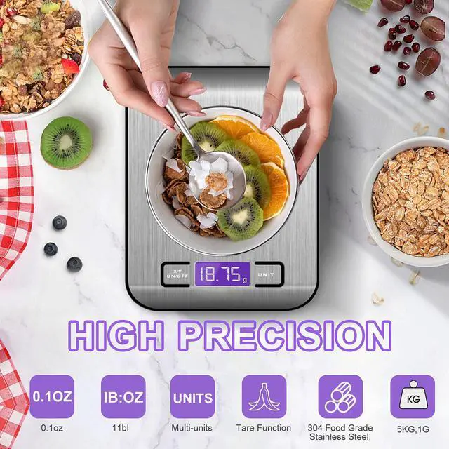 Alt view image 3 of 5 - Digital Kitchen Food Scale 10kg Stainless Steel, High Accuracy Weight Scale with LCD Display, Battery Powered