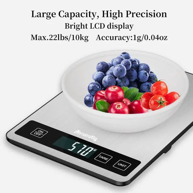 Alt view image 4 of 7 - Food Scale, 22lb/10kg Digital Kitchen Scale Weight Grams and Ounces with 0.1oz/1g Precision, 6 Units and Tare Key Design, LCD Display & Stainless Steel Panel for Baking, Cooking, Postage