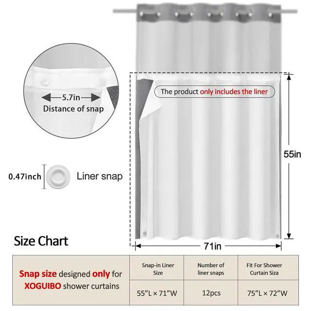 Alt view image 2 of 6 - Snap-in Fabric Replacement Liner 71" W x 55" L, for 72" W x 75" L No Hook Shower Curtain