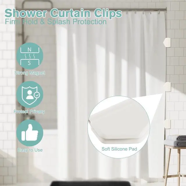 Alt view image 2 of 7 - 3 Pack Magnetic Silicone Shower Curtain Clips for Liners, Self-Adhesive Waterproof Splash Guards, Strong Magnet Curtain Holders Keep Liner Sealed to Wall, Windproof Easy Installation No-Drill (White)
