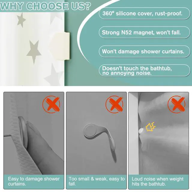 Alt view image 3 of 7 - 3 Pack Magnetic Silicone Shower Curtain Clips for Liners, Self-Adhesive Waterproof Splash Guards, Strong Magnet Curtain Holders Keep Liner Sealed to Wall, Windproof Easy Installation No-Drill (White)