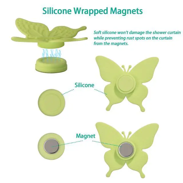 Alt view image 3 of 7 - Magnetic Shower Curtain Clips for Liner, 4 Pairs Silicone Wrapped Adhesive Windproof Splash-Proof Butterfly Shower Curtain Holder for the Wall, Work for Drapery, Tablecloth (Green)