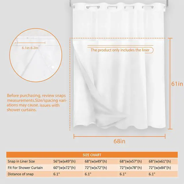 Alt view image 2 of 7 - Fabric Snap-in Replacement Shower Curtain Liner 68x61 Inch Waterproof Removable with Magnets (Fits 71x83 Inch Bath Curtain), White