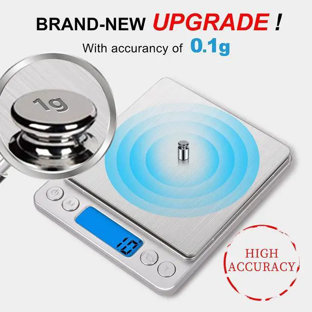 Alt view image 2 of 7 - Small Digital Food Scale Ounce/OZ and Gram Scale, Kitchen Scale 3000g/0.1g High Precision for Baking, Soap Making, Jewelry, Includes 2 Trays and Batteries, 9 Units, Tare Function, Easy to Store
