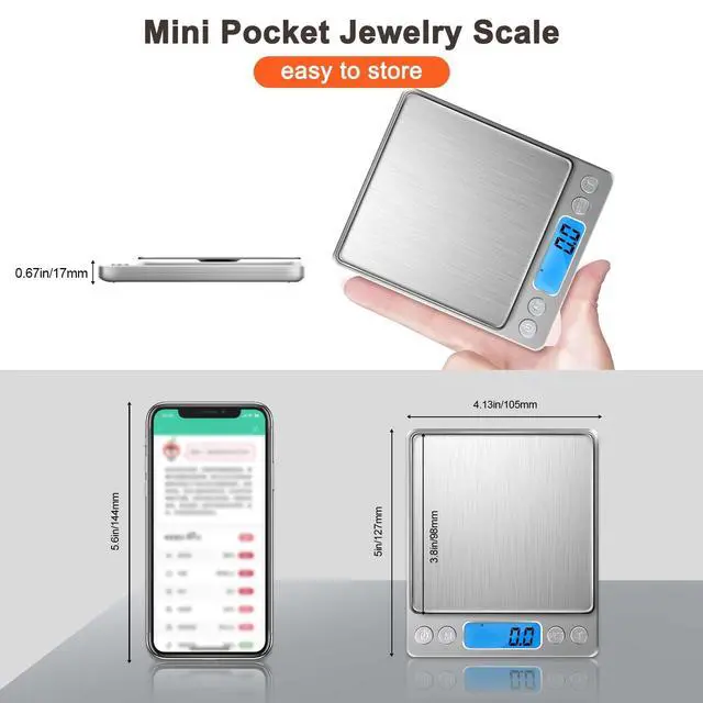 Alt view image 3 of 7 - Small Digital Food Scale Ounce/OZ and Gram Scale, Kitchen Scale 3000g/0.1g High Precision for Baking, Soap Making, Jewelry, Includes 2 Trays and Batteries, 9 Units, Tare Function, Easy to Store