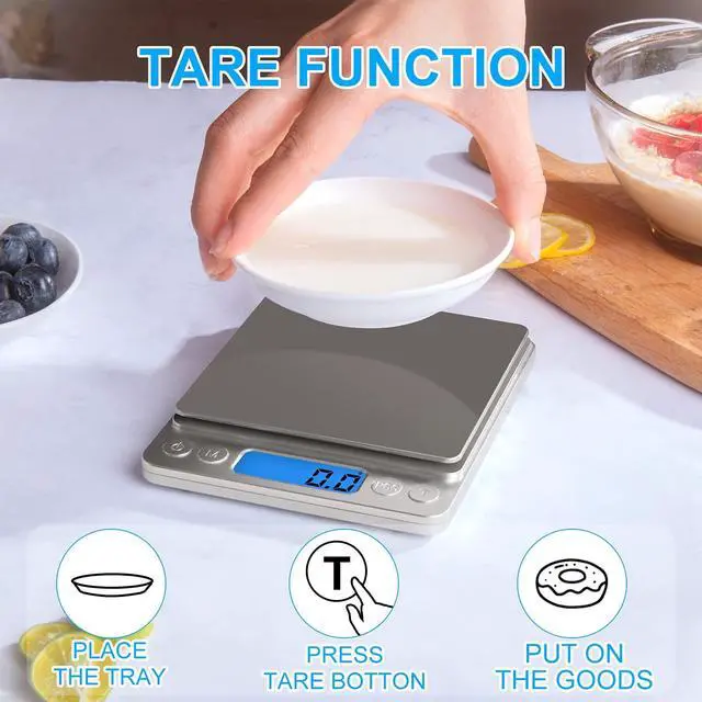 Alt view image 4 of 7 - Small Digital Food Scale Ounce/OZ and Gram Scale, Kitchen Scale 3000g/0.1g High Precision for Baking, Soap Making, Jewelry, Includes 2 Trays and Batteries, 9 Units, Tare Function, Easy to Store