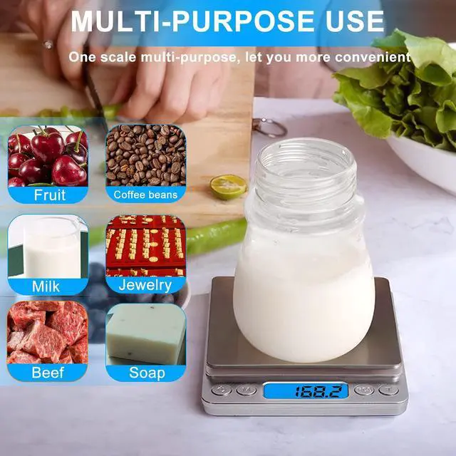 Alt view image 6 of 7 - Small Digital Food Scale Ounce/OZ and Gram Scale, Kitchen Scale 3000g/0.1g High Precision for Baking, Soap Making, Jewelry, Includes 2 Trays and Batteries, 9 Units, Tare Function, Easy to Store
