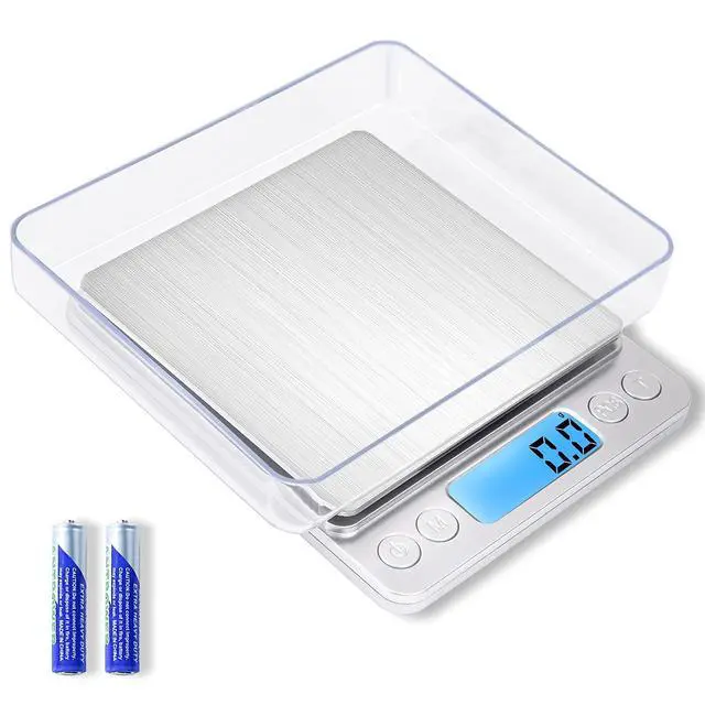 Alt view image 7 of 7 - Small Digital Food Scale Ounce/OZ and Gram Scale, Kitchen Scale 3000g/0.1g High Precision for Baking, Soap Making, Jewelry, Includes 2 Trays and Batteries, 9 Units, Tare Function, Easy to Store