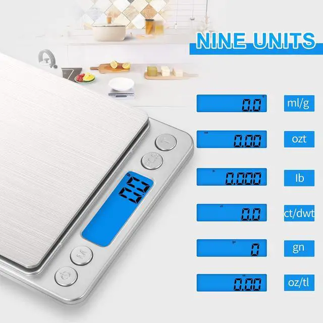 Alt view image 5 of 7 - Small Digital Food Scale Ounce/OZ and Gram Scale, Kitchen Scale 3000g/0.1g High Precision for Baking, Soap Making, Jewelry, Includes 2 Trays and Batteries, 9 Units, Tare Function, Easy to Store