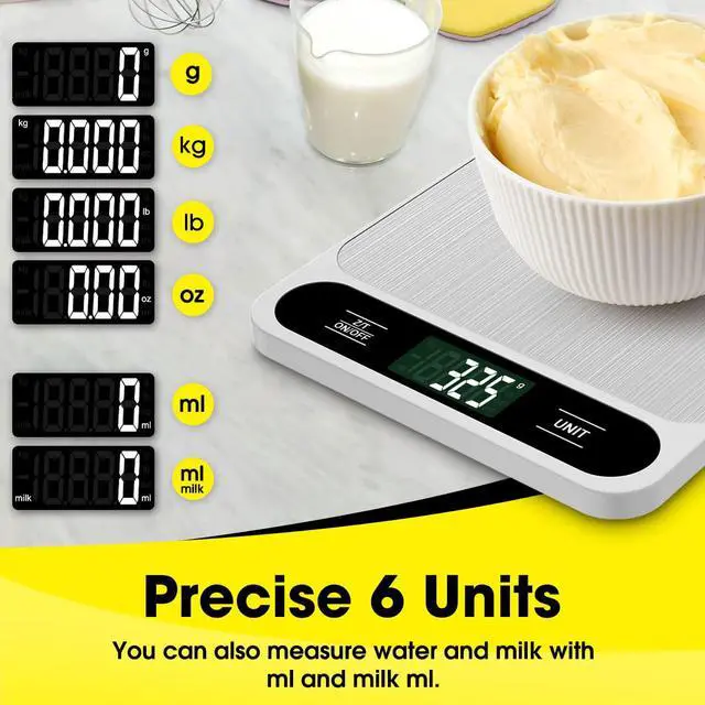 Alt view image 5 of 7 - Food Scale White, 22lb/10kg Digital Kitchen Scale Grams and oz for Baking Cooking and Weight Loss, 1g/0.04oz Precise Graduation, Easy Clean Stainless Steel