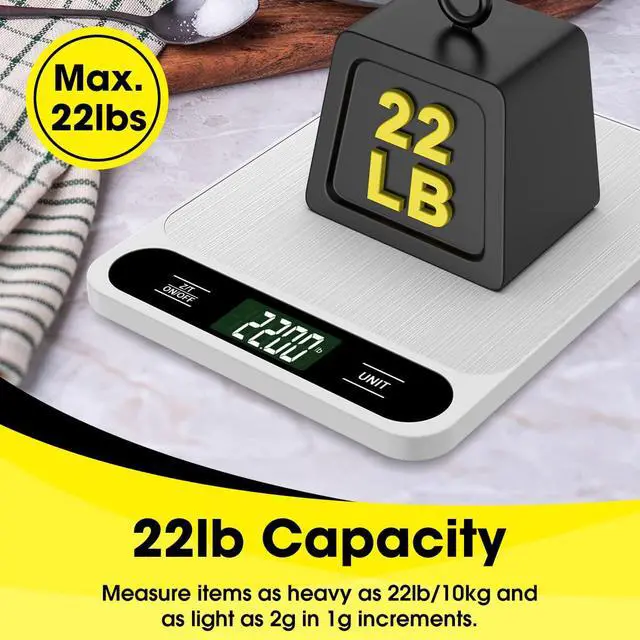 Alt view image 3 of 7 - Food Scale White, 22lb/10kg Digital Kitchen Scale Grams and oz for Baking Cooking and Weight Loss, 1g/0.04oz Precise Graduation, Easy Clean Stainless Steel