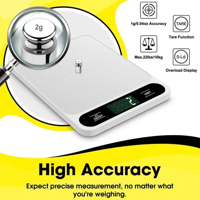 Alt view image 6 of 7 - Food Scale White, 22lb/10kg Digital Kitchen Scale Grams and oz for Baking Cooking and Weight Loss, 1g/0.04oz Precise Graduation, Easy Clean Stainless Steel