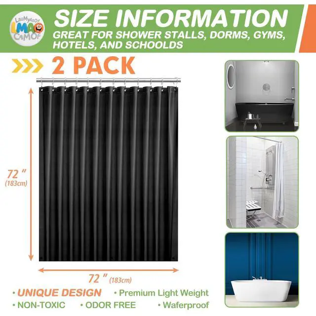 Alt view image 2 of 7 - 2 Pack | Black Plastic Shower Curtain Or Liner, 72x72 Inch Lightweight Plastic Bathroom Shower Showroom Inner Curtain with Rustproof Metal Grommet Holes and Weighted Magnets
