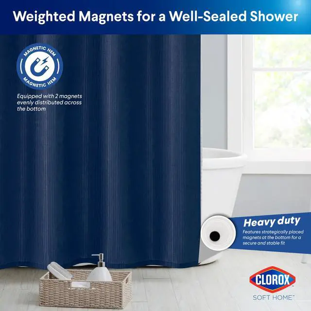 Alt view image 6 of 7 - 2-in-1 Bathroom Shower Curtain Liner, Durable Fabric, Weighted Magnets for Bath Water Control, Washable Premium Quality, Modern - 72" x 72" Blue