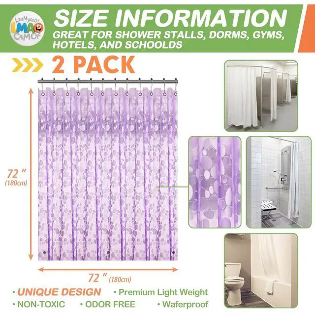 Alt view image 2 of 7 - 2 Pack | Purple 3D EVA Shower Curtain Liner, Pebble Pattern 72x72 Inch Lightweight Plastic Bathroom Shower Showroom Inner Curtain with Rustproof Metal Grommets and Weighted Magnets