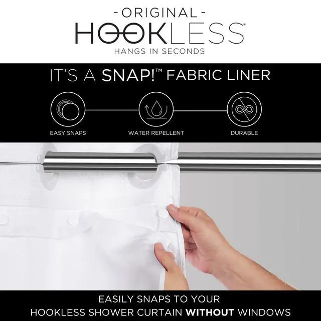 Alt view image 3 of 5 - It's A Snap! Polyester Fabric Snap-in Replacement Shower Curtain Liner with Magnets for Hookless Curtain with No Sheer Window, 70" x 69", Water-Repellent, Easy Install, White