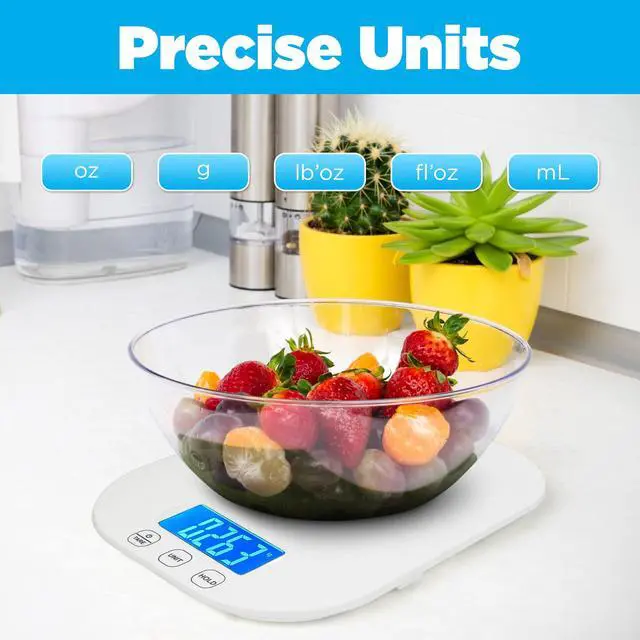 Alt view image 7 of 7 - White Digital Kitchen Scale for Cooking, Weight Loss, Calorie Tracking, Baking, Food Portion Control, and Meal Prep - Accurate Measurements in Grams and Ounces