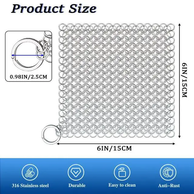 Alt view image 2 of 7 - Cast Iron Cleaner, 6 Inch 316 Stainless Steel Skillet Cleaner, Cast Iron Scrubber with Hanging Ring, Chain Mail Scrubber for Griddle Skillet, BBQ Grills, Wok, Cast Iron Pan
