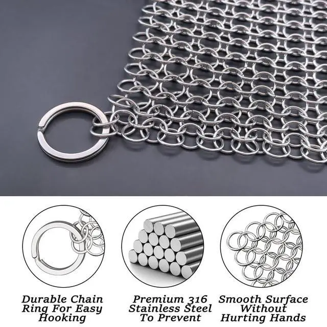 Alt view image 3 of 7 - Cast Iron Cleaner, 6 Inch 316 Stainless Steel Skillet Cleaner, Cast Iron Scrubber with Hanging Ring, Chain Mail Scrubber for Griddle Skillet, BBQ Grills, Wok, Cast Iron Pan