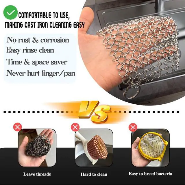 Alt view image 4 of 7 - Cast Iron Cleaner, 6 Inch 316 Stainless Steel Skillet Cleaner, Cast Iron Scrubber with Hanging Ring, Chain Mail Scrubber for Griddle Skillet, BBQ Grills, Wok, Cast Iron Pan