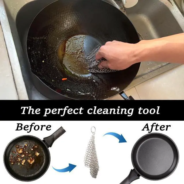 Alt view image 5 of 7 - Cast Iron Cleaner, 6 Inch 316 Stainless Steel Skillet Cleaner, Cast Iron Scrubber with Hanging Ring, Chain Mail Scrubber for Griddle Skillet, BBQ Grills, Wok, Cast Iron Pan