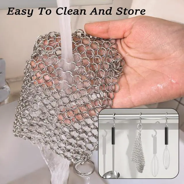Alt view image 6 of 7 - Cast Iron Cleaner, 6 Inch 316 Stainless Steel Skillet Cleaner, Cast Iron Scrubber with Hanging Ring, Chain Mail Scrubber for Griddle Skillet, BBQ Grills, Wok, Cast Iron Pan