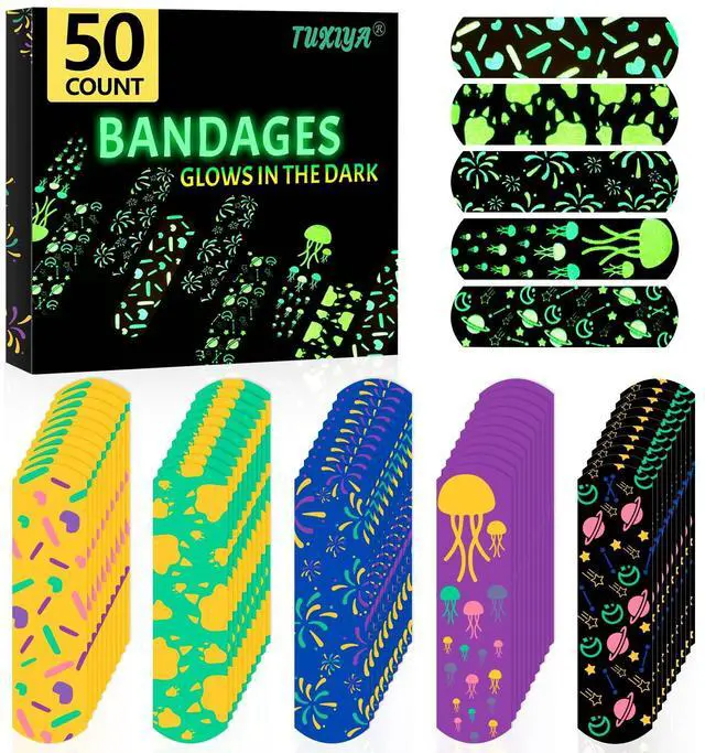 Main image of 50 Count Kids Bandaids, Glow in The Dark & Waterproof Bandages, One Size Cute Bandaids for Kids and Adults, 5 Styles Adhesive Bandages for Minor Cuts, Scrapes, Wounds and First Aid