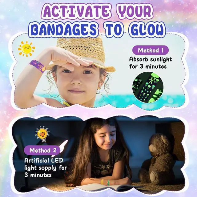 Alt view image 3 of 7 - 50 Count Kids Bandaids, Glow in The Dark & Waterproof Bandages, One Size Cute Bandaids for Kids and Adults, 5 Styles Adhesive Bandages for Minor Cuts, Scrapes, Wounds and First Aid