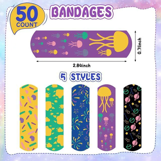 Alt view image 6 of 7 - 50 Count Kids Bandaids, Glow in The Dark & Waterproof Bandages, One Size Cute Bandaids for Kids and Adults, 5 Styles Adhesive Bandages for Minor Cuts, Scrapes, Wounds and First Aid