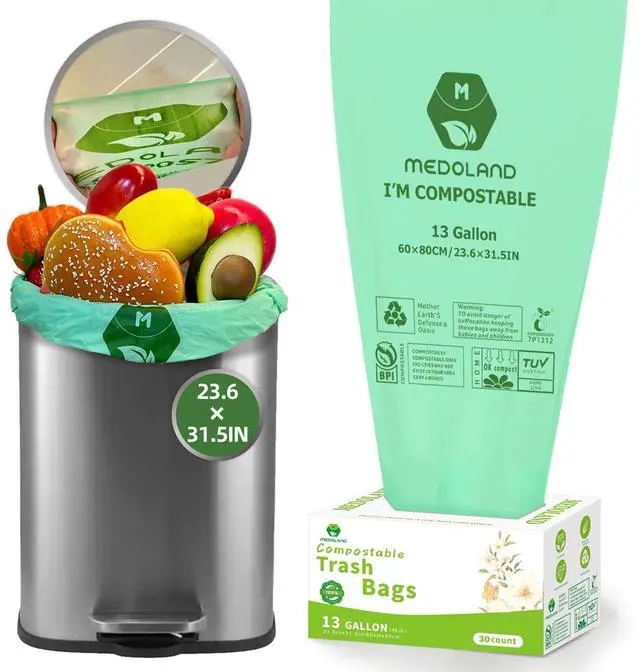 Main image of BPI Certified Compostable Trash Bags 13Gallon (30 Count) - 3X Thicker Than Regular, Leak & Tear Resistant for Kitchen/Garden/Food Waste, 90-Day Breakdown in Home/Industrial Use, 0.91mils Plant-Based