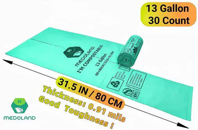 Alt view image 2 of 7 - BPI Certified Compostable Trash Bags 13Gallon (30 Count) - 3X Thicker Than Regular, Leak & Tear Resistant for Kitchen/Garden/Food Waste, 90-Day Breakdown in Home/Industrial Use, 0.91mils Plant-Based