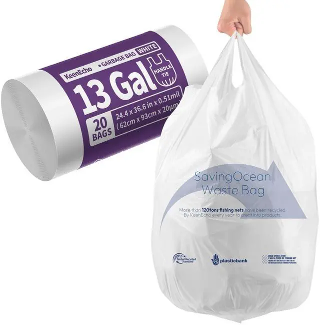 Main image of Small Trash Bags with Handles - Ocean Plastic Upcycling - Plastic Garbage Bags, Can Bin & Waste Basket Liner for Kitchen, Bathroom, Office and Pets, 13 Gallon 20 Count White