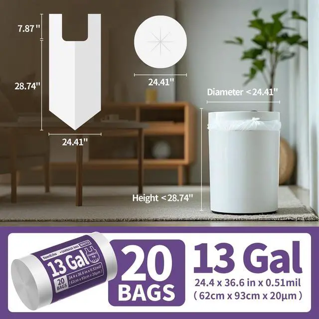 Alt view image 7 of 7 - Small Trash Bags with Handles - Ocean Plastic Upcycling - Plastic Garbage Bags, Can Bin & Waste Basket Liner for Kitchen, Bathroom, Office and Pets, 13 Gallon 20 Count White