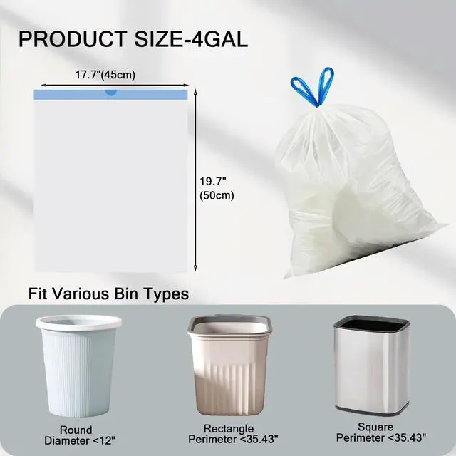 Alt view image 3 of 7 - 4 Gallon Trash Bags Drawstring,1.5 Mil Thick, Unscented, 58 Count (2 Rolls) - Strong Small Trash Bags for Bathroom, Bedroom, Office & Kitchen Cans - Individually Separated, Easy Pull, No Tear Needed